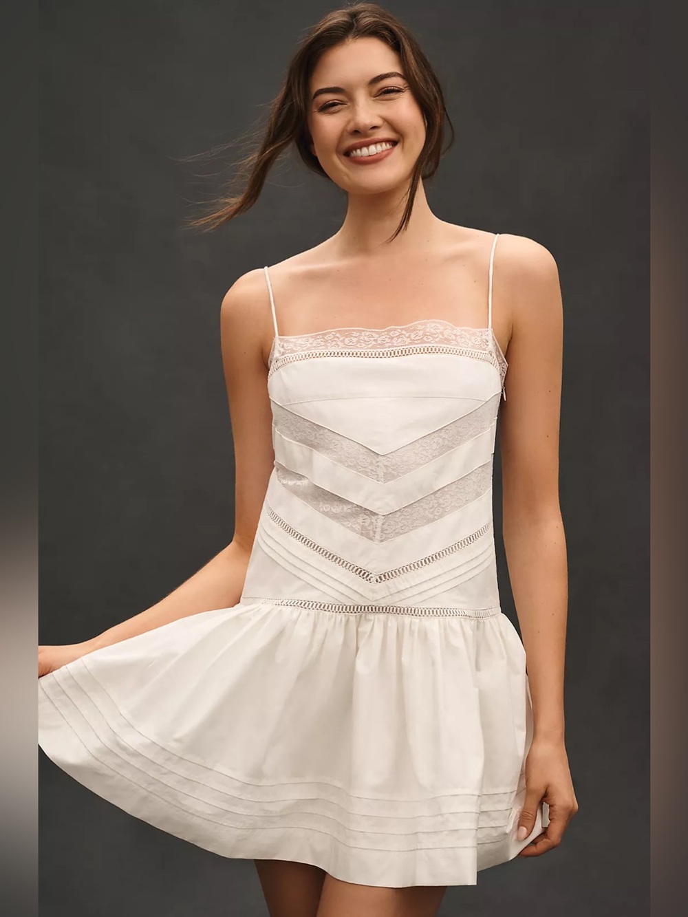 Maeve NWT Sleeveless Square Neck Drop Waist White Lace-Trim Mini Dress Medium